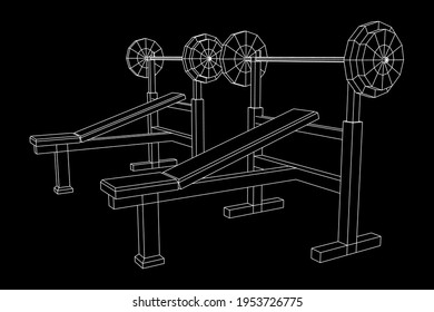 Barbell with weights. Gym equipment. Bodybuilding, powerlifting, fitness concept. Wireframe low poly mesh vector illustration.
