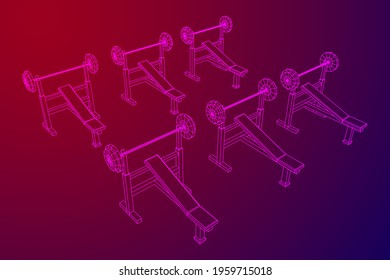 Barbell with weights. Gym equipment. Bodybuilding, powerlifting, fitness concept. Wireframe low poly mesh vector illustration.