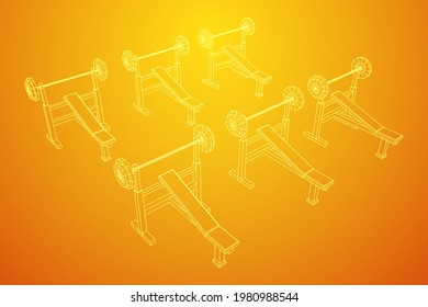 Barbell with weights. Gym equipment. Bodybuilding, powerlifting, fitness concept. Wireframe low poly mesh vector illustration.