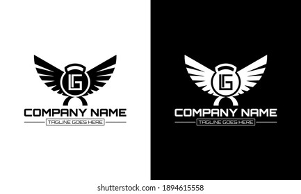 Barbell and wing logo design with the letter G concept.