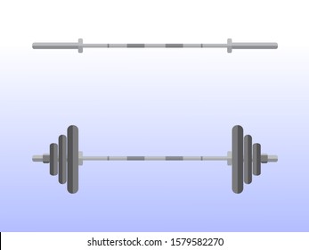 barbell without weight. Barbell with weight. Vector image of a barbell. Weightlifting. Flat isolated image on a light blue background.