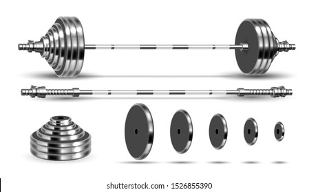 Barbells Bodybuilding Collapsible Kit Set Vector. Glossy Grey Metal Barbells, Weights Plates Sport Equipment Details For Strong Muscles. Powerlifting Template Realistic 3d Illustrations