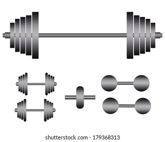 barbells and dumbbells for exercise on a white background