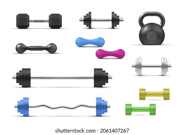 Barbells, dumbbells and kettlebells set realistic vector illustration. Collection heavy fitness sport equipment for training isolated. Gym powerlifting tools for strong muscles. Metal athletic weights