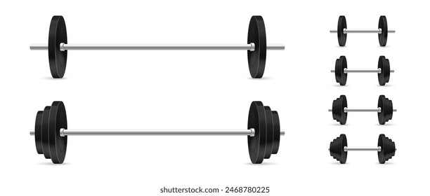 Barbells and dumbbells vector realistic set. Barbell and dumbbell illustration. Weightlifting concept.