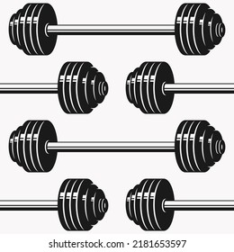Barbells seamless pattern. Design for textiles, backgrounds, wrapping paper. Black print on white background