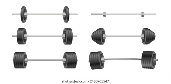 Barbells set of with different weights. Weightlifting equipment. Vector illustration in flat. Vector