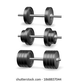 Barbells set. Realistic dumbbells on white background. Fitness gym and bodybuilding weight equipment. Sport workout 3d realistic. Vector illustration