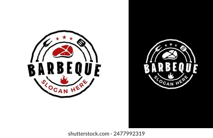 Barbeque badge logo design. Steak symbol with meat, fire, spatula, and fork concept for restaurant. BBQ vector icon