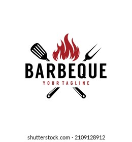 Barbeque, bbq, grill logo with spatula and fire icon design template