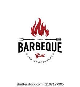 Barbeque, BBq, Grilllogo mit Spatel und Brandsymbol-Designvorlage