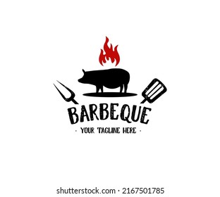 Barbeque BBQ logo invitation with pig pork and crossed spatula fork, hipster style logo design. With realistic ribbon and fire flame element vector design and illustration.