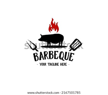 Barbeque BBQ logo invitation with pig pork and crossed spatula fork, hipster style logo design. With realistic ribbon and fire flame element vector design and illustration.