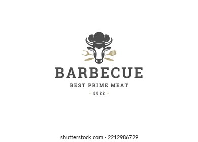 Barbeque bistro shop art vintage logo template design cow bull head in chef hat with crossed cutlery vector illustration. Grill bbq restaurant menu fresh organic premium quality beef meat branding id