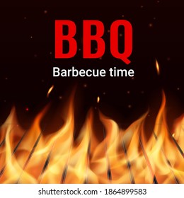 Cuadrícula de parrilla de carbón de barbacoa en un vector realista al fuego. Chispas de llama y partículas que vuelan en la oscuridad sobre barras de metal. Horario de fiesta de barbacoa, steakhouse y grill restaurante o pancarta de café barbacoa