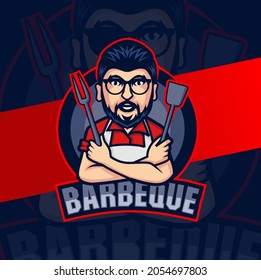 Barbeque Chef Mascot Character For Bbq Grill Meal Logo Design