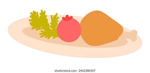 Barbeque chicken dish in flat design. Plate with grilled meat, tomato, greens. Vector illustration isolated.