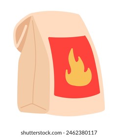Barbeque coal bag in flat design. Paper package with campfire charcoal. Vector illustration isolated.