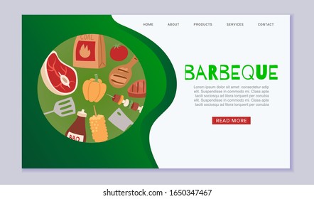 Barbeque cooking web template with grill top view, bbq and grilled food steak, chicken, vegetables, kitchenware utensils vector illustration. Barbeque party web page or landing.