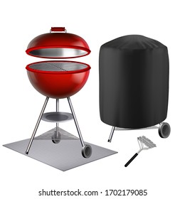 Barbeque Equipment And Accessories Set Vector. Barbeque For Frying Meat Standing On Concrete Flooring, Covering Appliance And Brush For Scrubbing Grill Grate Template Realistic 3d Illustrations