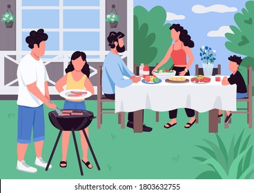 Barbeque flat color vector illustration. BBQ in house backyard. Barbecue for parents and children. Holiday activity. Caucasian family 2D cartoon characters with landscape on background