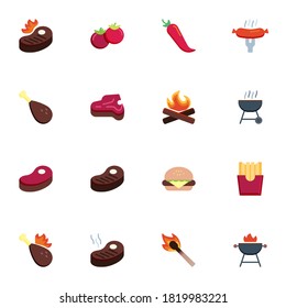 Barbeque food collection, BBQ flat icons set, Colorful symbols pack contains - beefsteak, roasted meat steak, hot dog sausage, bbq grill, vegetables, burger. Vector illustration. Flat style design