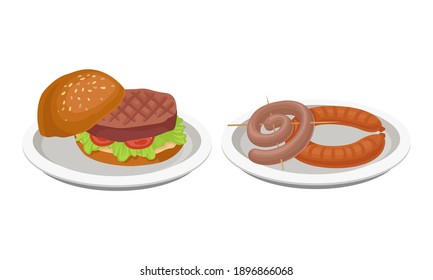 Barbeque Food with Grilled Sausage or Wurst and Hamburger with Roasted Cutlet Served on Plate Vector Set