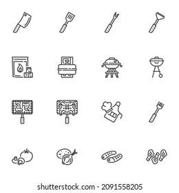 Barbeque food line icons set, outline vector symbol collection, linear style pictogram pack. Signs logo illustration. Set includes icons as chicken wings, shish kebab, beef steak, vegetable, bbq grill
