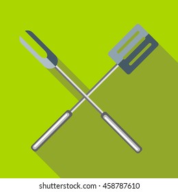 Barbeque fork and spatula icon in flat style on a green background