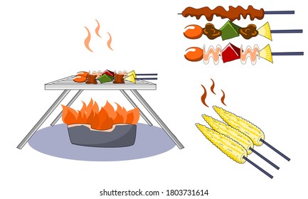 barbeque grill, becon, meat and corn grill with stick, food vector illustration