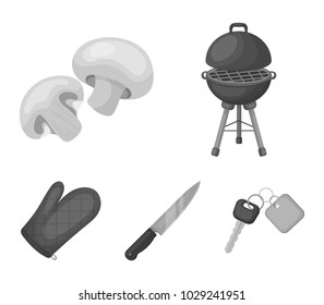 Barbeque grill, champignons, knife, barbecue mitten.BBQ set collection icons in monochrome style vector symbol stock illustration,web