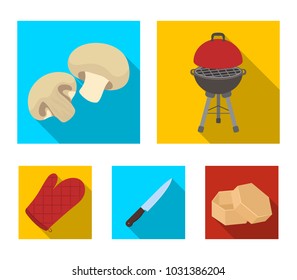 Barbeque grill, champignons, knife, barbecue mitten.BBQ set collection icons in flat style vector symbol stock illustration,web
