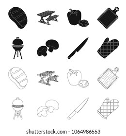 Barbeque grill, champignons, knife, barbecue mitten.BBQ set collection icons in black,outline style vector symbol stock illustration,web