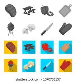 Barbeque grill, champignons, knife, barbecue mitten.BBQ set collection icons in monochrome,flat style vector symbol stock illustration,web