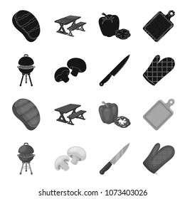 Barbeque grill, champignons, knife, barbecue mitten.BBQ set collection icons in black,monochrome style vector symbol stock illustration,web