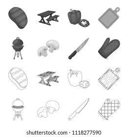 Barbeque grill, champignons, knife, barbecue mitten.BBQ set collection icons in outline,monochrome style vector symbol stock illustration,web
