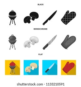 Barbeque grill, champignons, knife, barbecue mitten.BBQ set collection icons in black, flat, monochrome style vector symbol stock illustration,web