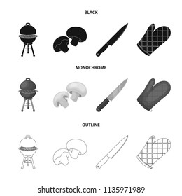 Barbeque grill, champignons, knife, barbecue mitten.BBQ set collection icons in black,monochrome,outline style vector symbol stock illustration,web