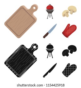 Barbeque grill, champignons, knife, barbecue mitten.BBQ set collection icons in cartoon,black style vector symbol stock illustration,web