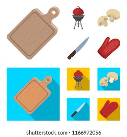 Barbeque grill, champignons, knife, barbecue mitten.BBQ set collection icons in cartoon,flat style vector symbol stock illustration,web