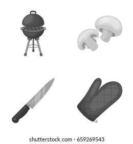 Barbeque grill, champignons, knife, barbecue mitten.BBQ set collection icons in monochrome style vector symbol stock illustration,web