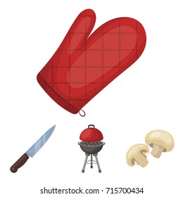Barbeque grill, champignons, knife, barbecue mitten.BBQ set collection icons in cartoon style vector symbol stock illustration,web