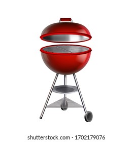 Barbeque Grill Equipment For Frying Meat Vector. Grill With Opened Cap, Bbq Metallic Appliance For Cooking Food On Picnic. Grilling Accessory For Cook On Flame Template Realistic 3d Illustration