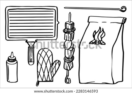 Barbeque or grill equipment set. BBQ grill, coal, shish kebab, skewer, mitten Outline vector hand drawn doodle illustrations isolated on white. Collection of traditional tools elements for summer rest