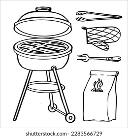 Barbeque or grill equipment set. Outline vector hand drawn doodle illustrations isolated on white. Collection of traditional tools elements for summer BBQ holydays.