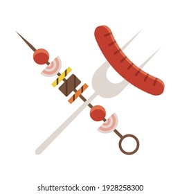 Barbeque and grill food icons in flat design. Grilled sausage on barbecue fork and bbq steak kebab with cherry tomatoes, onions and paprika.