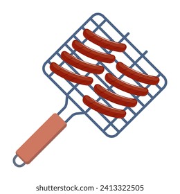 Barbeque grill grate with sausages, device for grilling food. Top view. Vector illustration