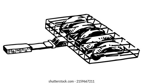 Barbeque grill grate with sausages. Hand drawn vector sketch illustration. Retro style clipart isolated on white.