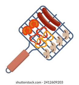 Barbeque grill grate with sausages, vegetables, mushroom. Device for grilling food. Top view. Vector illustration