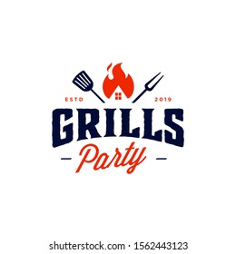 BARBEQUE grill house logo and crossed fork spatula fire flame vector icon illustration